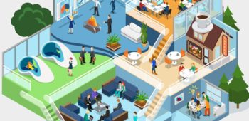 Flat isometric Modern office interior, businesspeople working vector illustration. 3d isometry business concept. Cafeteria, Fitness, Meeting room, Teamwork brainstorming, Analytics department.